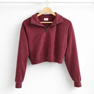 Ardene Cropped Quarter Zip Sweatshirt Burgundy Wine Crop Pullover Size M
